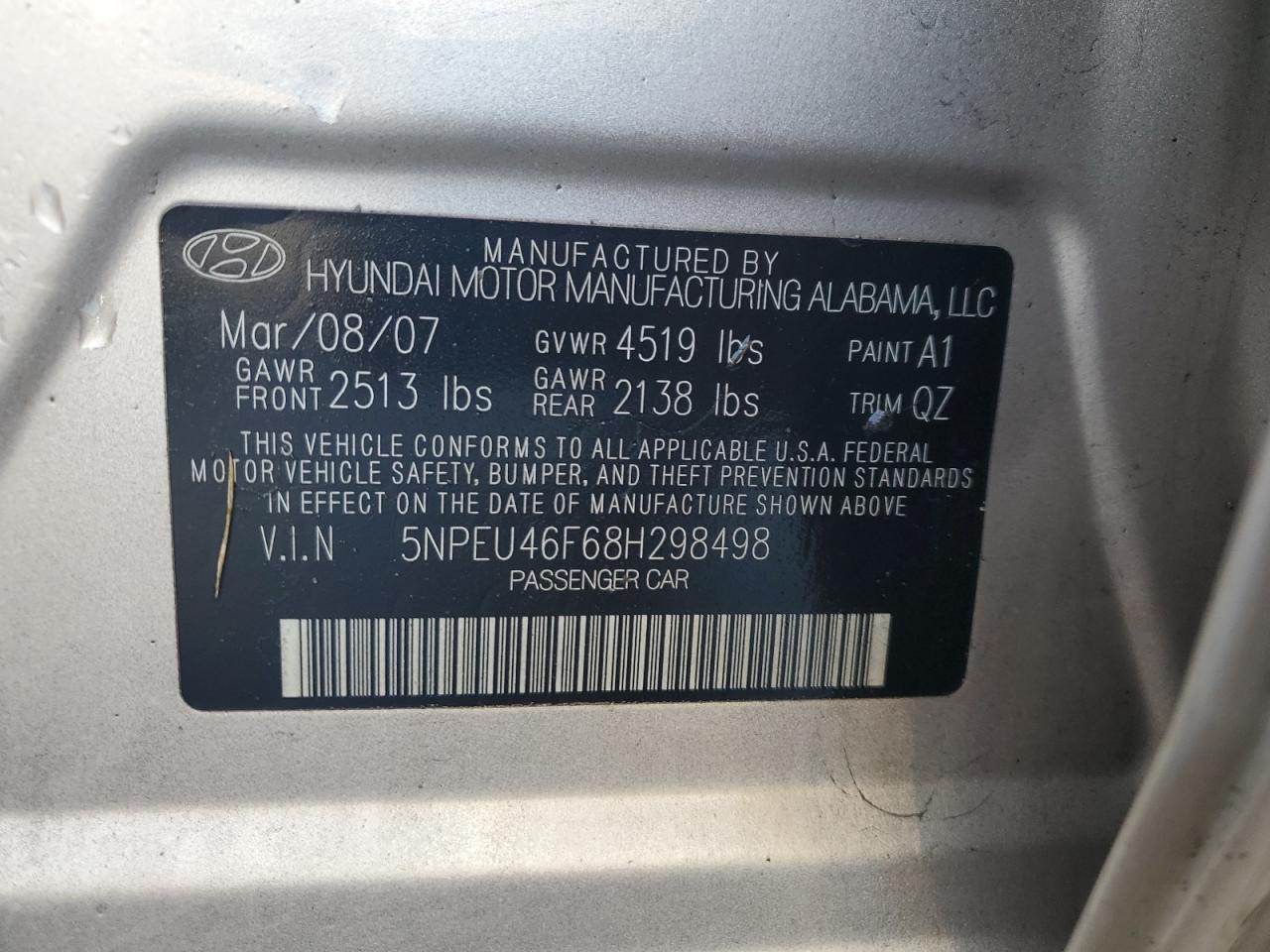 2008 Hyundai Sonata Se VIN: 5NPEU46F68H298498 Lot: 81334785