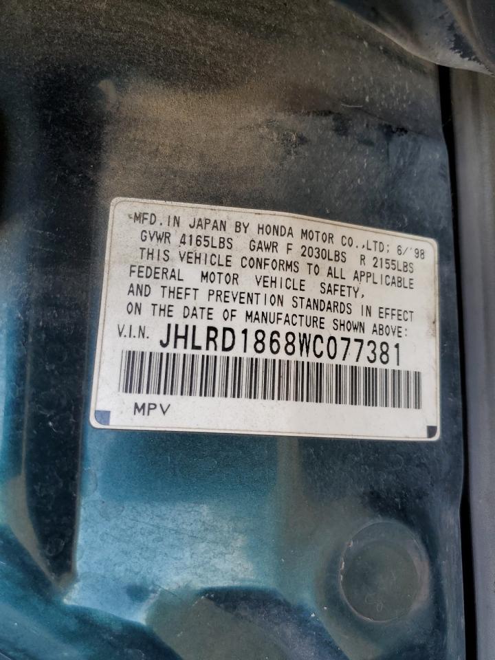 1998 Honda Cr-V Ex VIN: JHLRD1868WC077381 Lot: 70455625