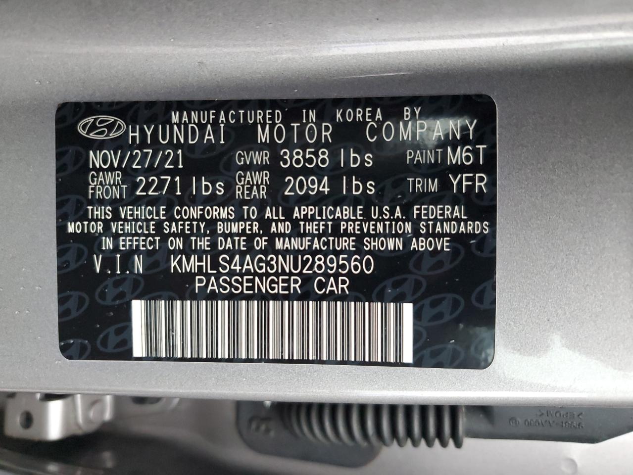 2022 Hyundai Elantra Sel VIN: KMHLS4AG3NU289560 Lot: 84189685