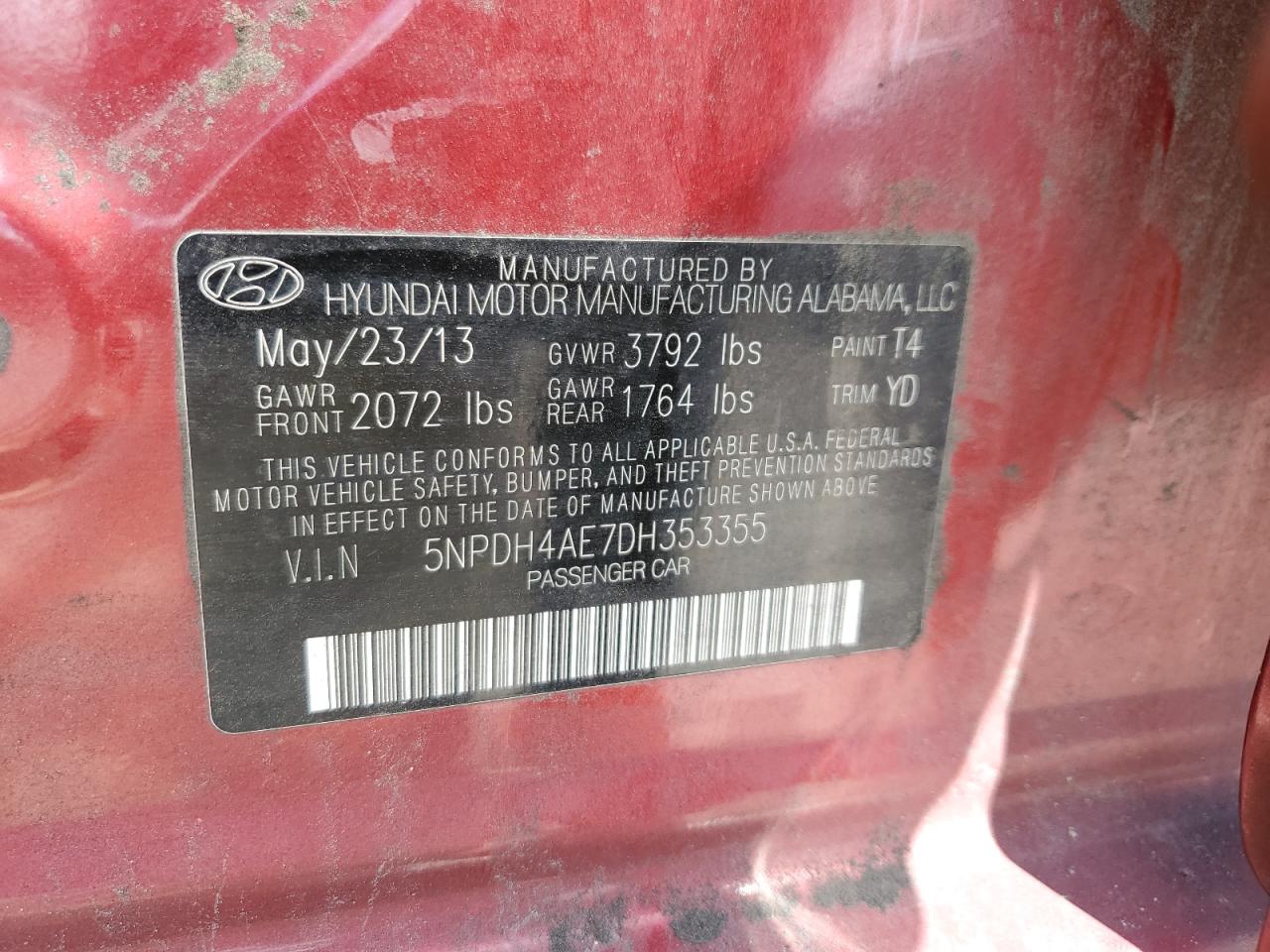 2013 Hyundai Elantra Gls VIN: 5NPDH4AE7DH353355 Lot: 81758815