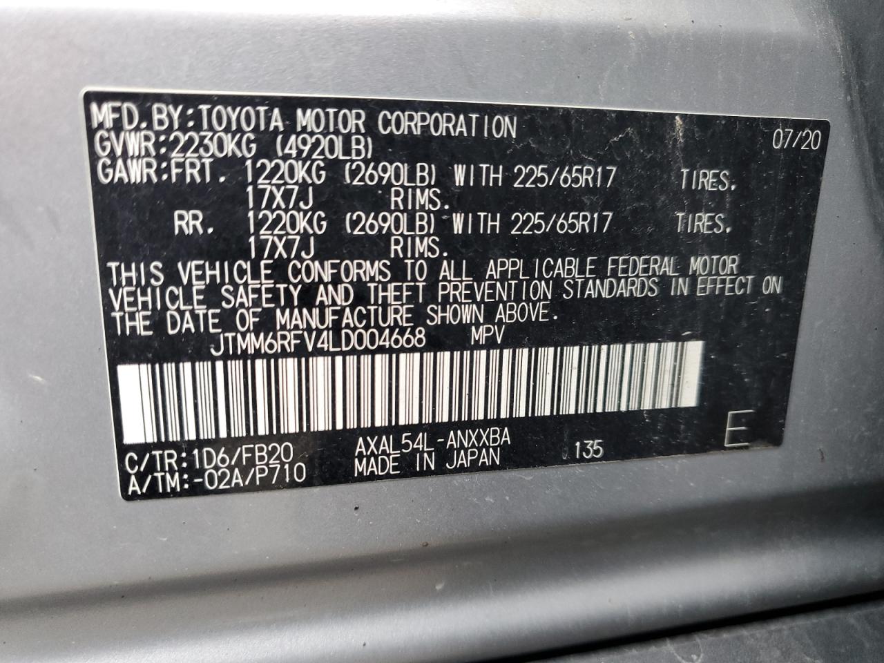 2020 Toyota Rav4 Le VIN: JTMM6RFV4LD004668 Lot: 81914715