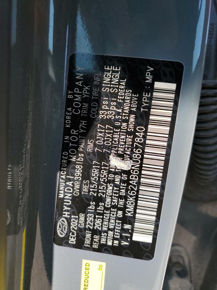 2022 Hyundai Kona Sel VIN: KM8K62AB6NU867840 Lot: 71666265