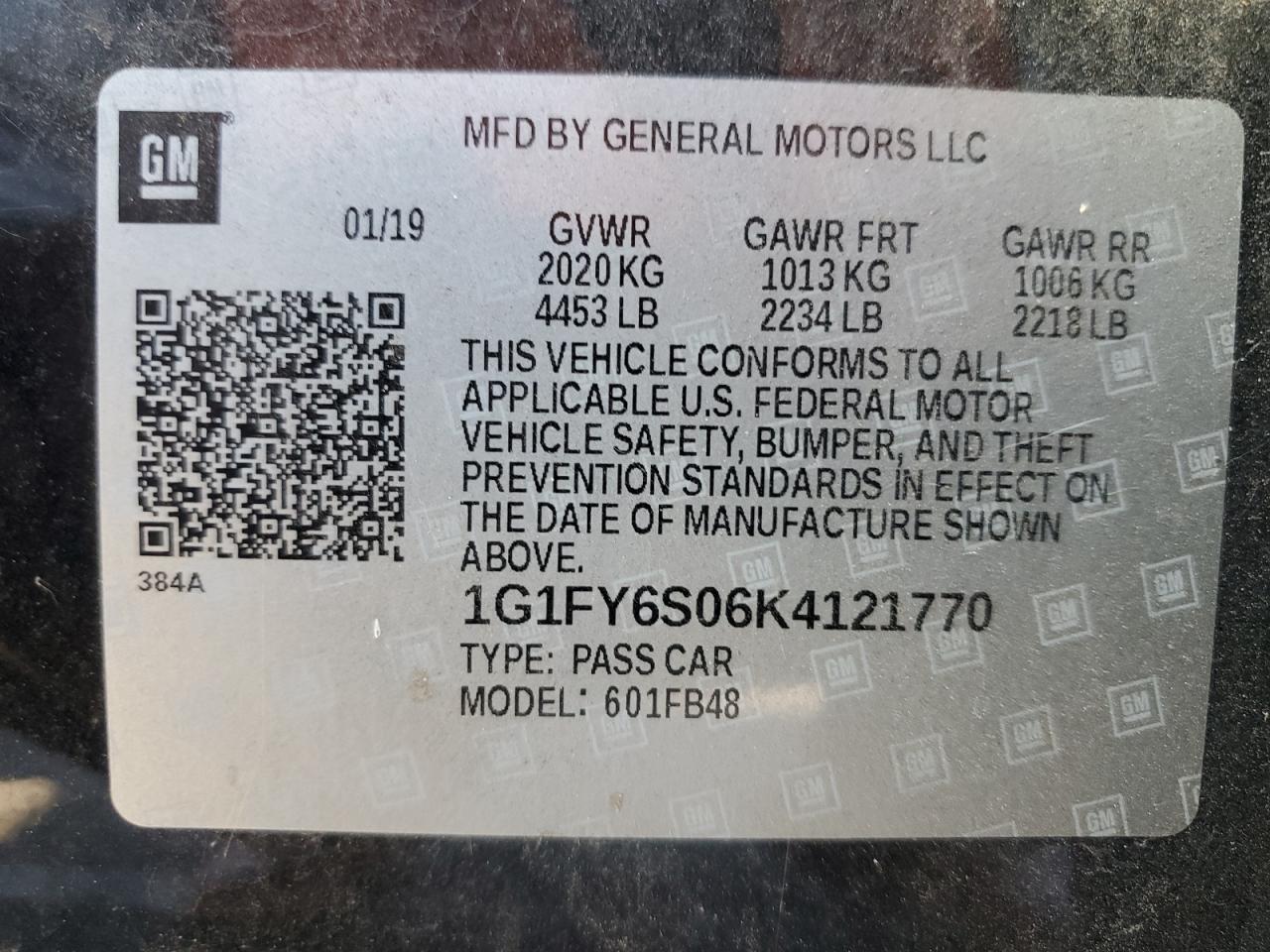 2019 Chevrolet Bolt Ev Lt VIN: 1G1FY6S06K4121770 Lot: 71548285