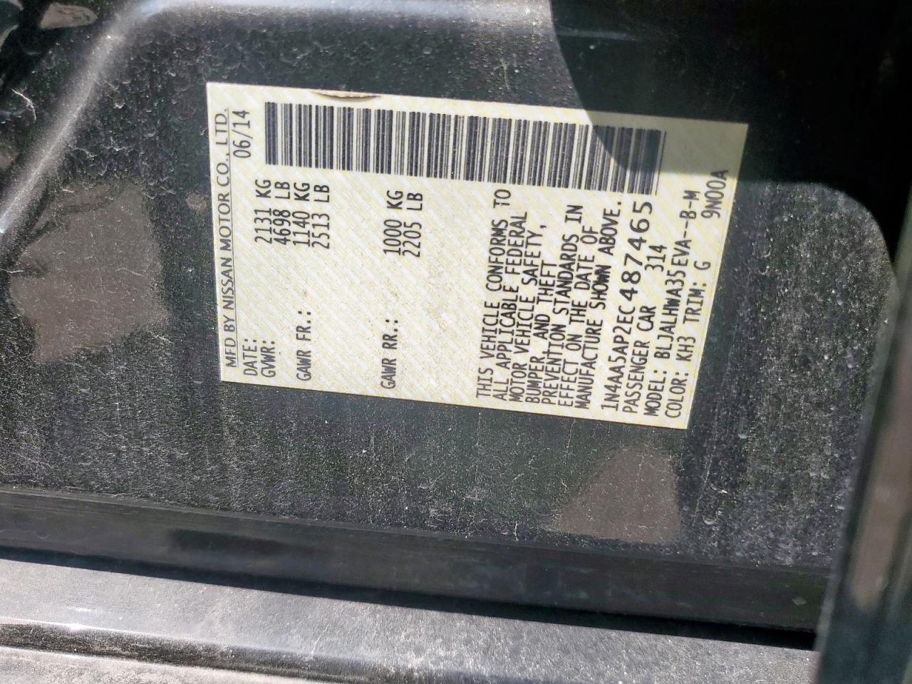 2014 Nissan Maxima S VIN: 1N4AA5AP2EC487465 Lot: 80015025