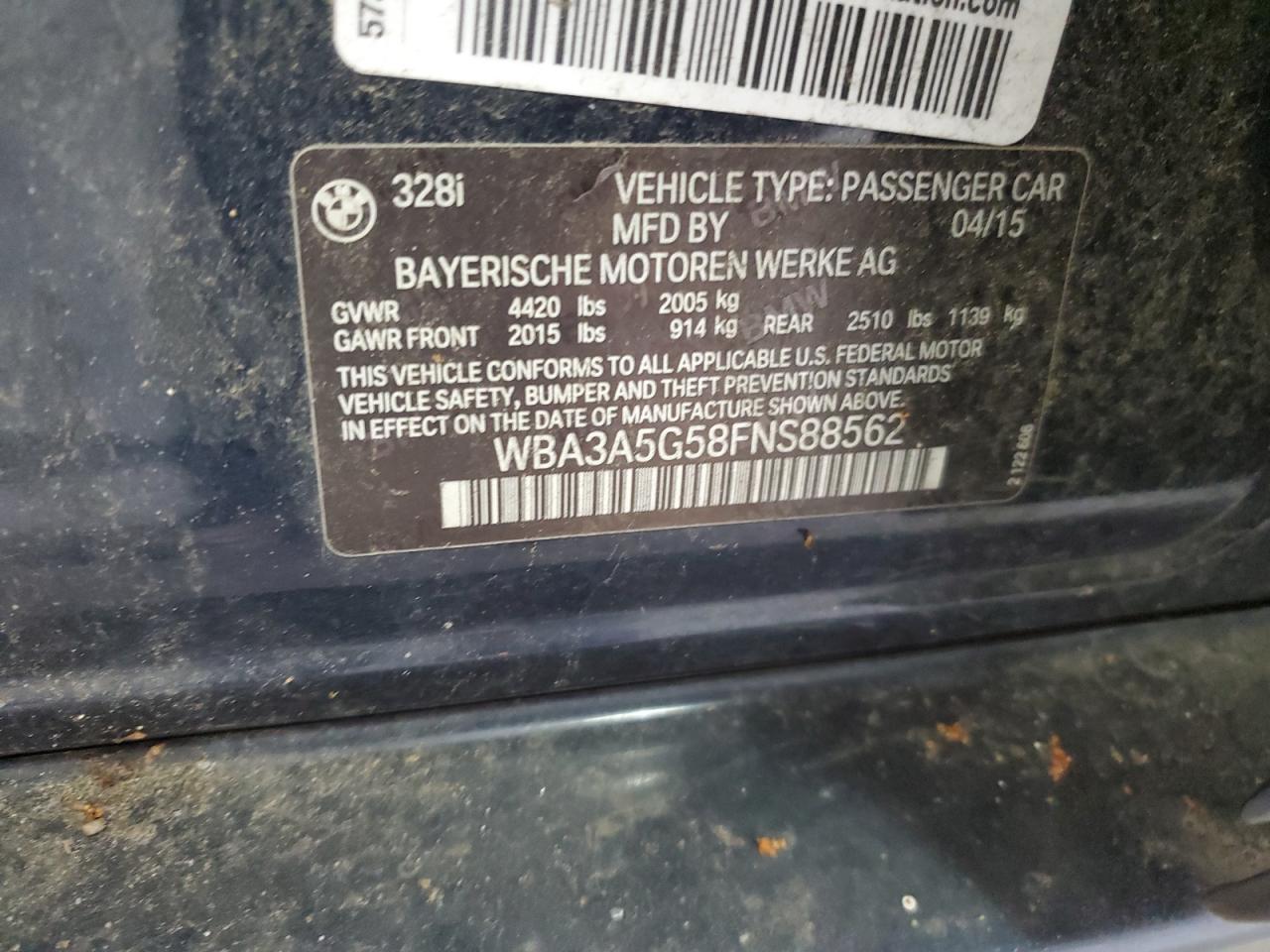 2015 BMW 328 I VIN: WBA3A5G58FNS88562 Lot: 81888725