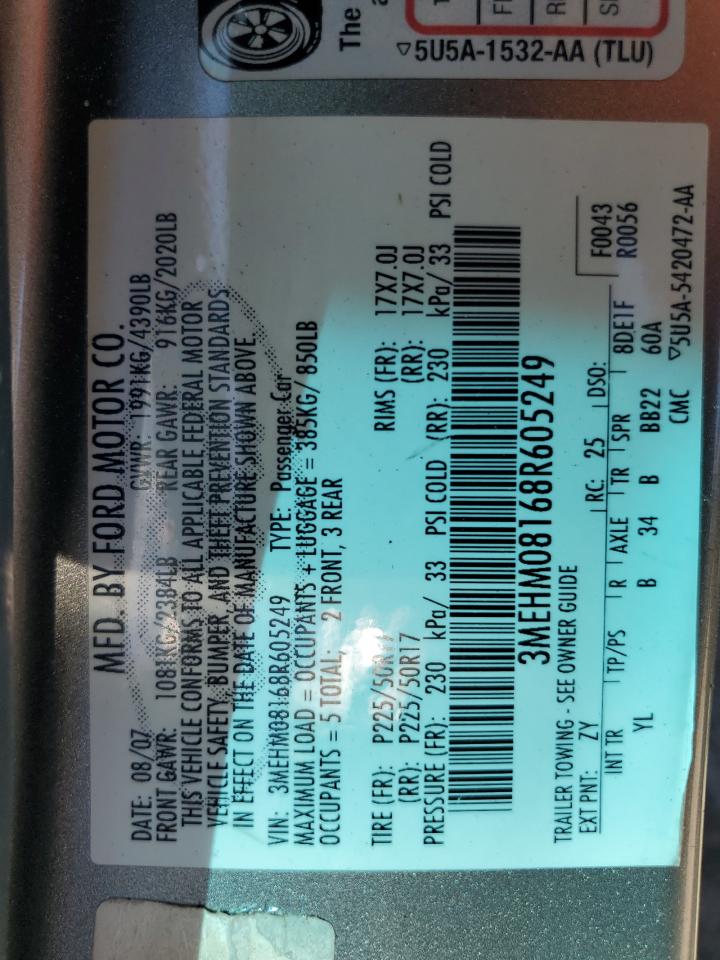 2008 Mercury Milan Premier VIN: 3MEHM08168R605249 Lot: 84000345