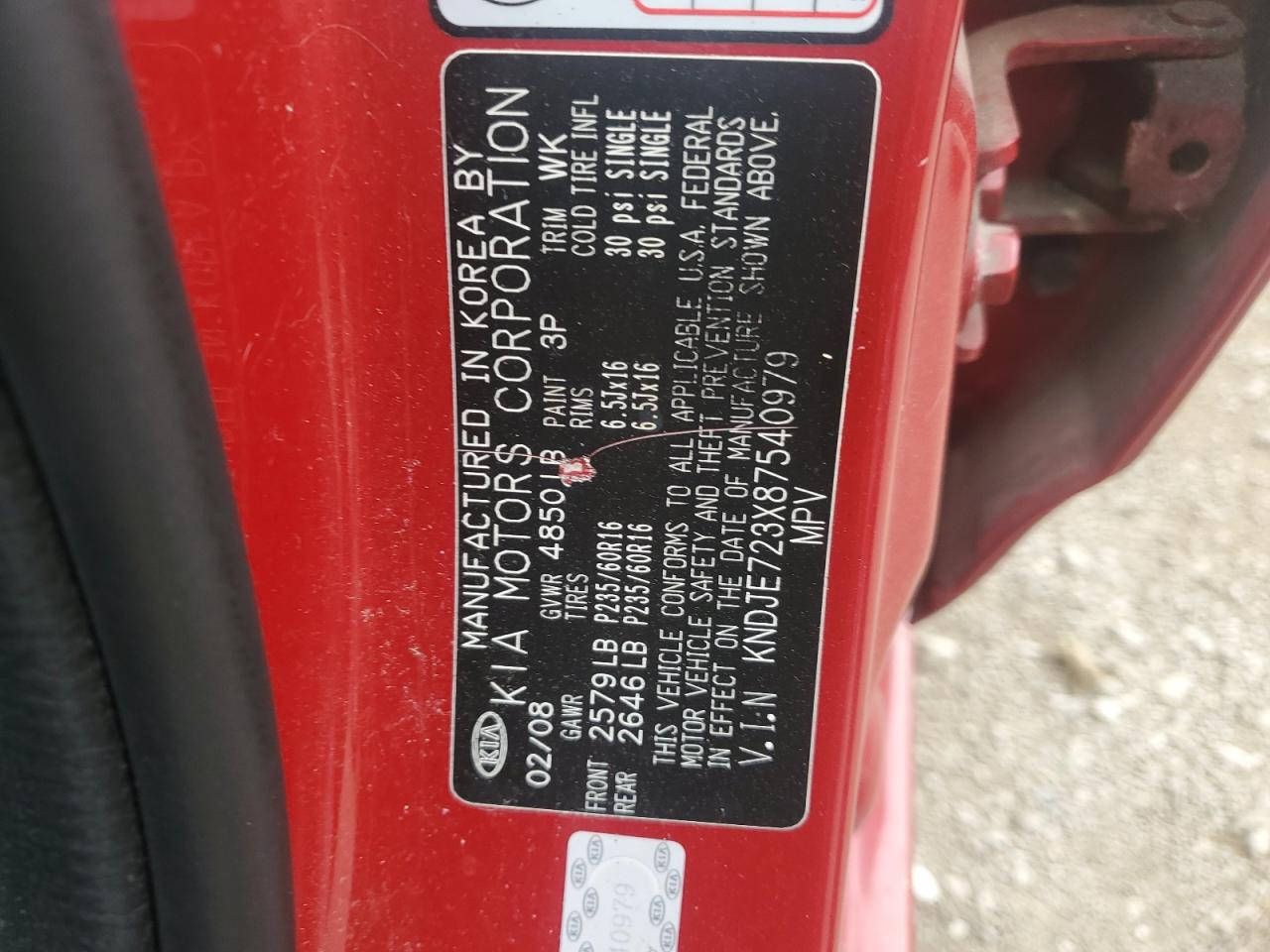 2008 Kia Sportage Ex VIN: KNDJE723X87540979 Lot: 72058585