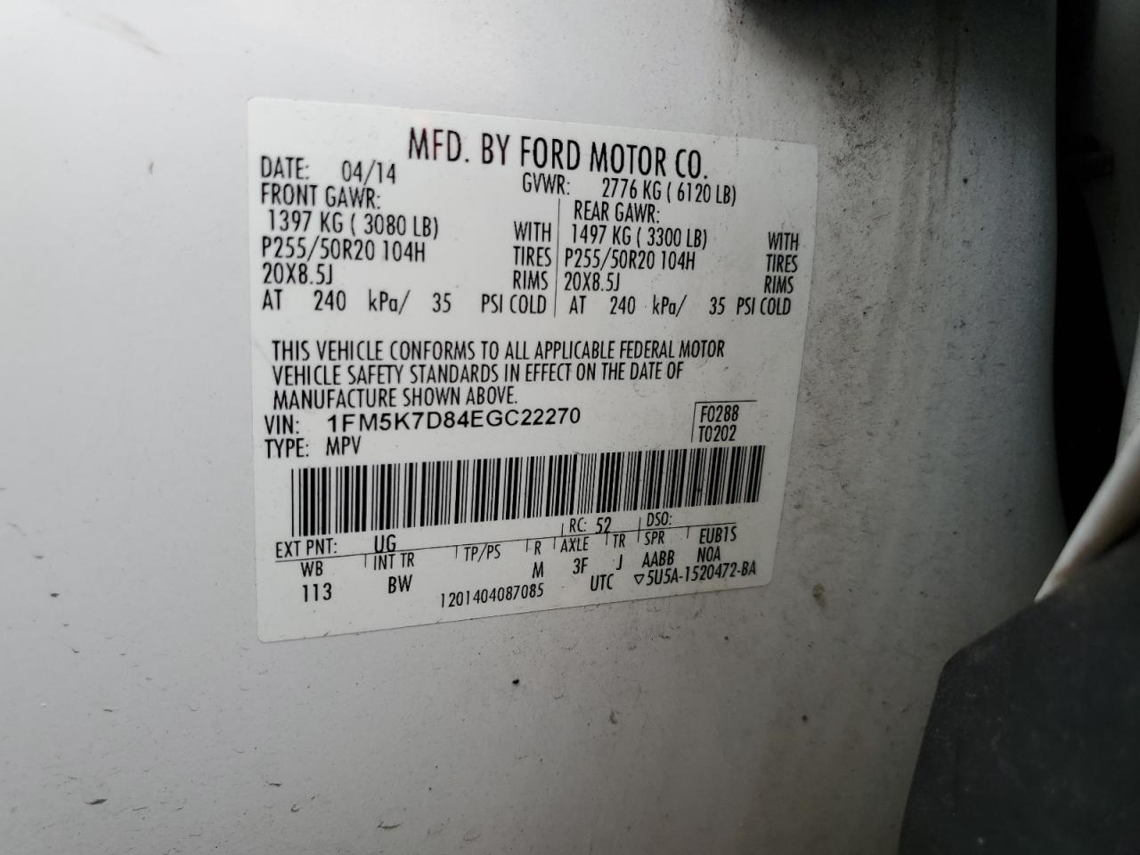 2014 Ford Explorer Xlt VIN: 1FM5K7D84EGC22270 Lot: 81349945