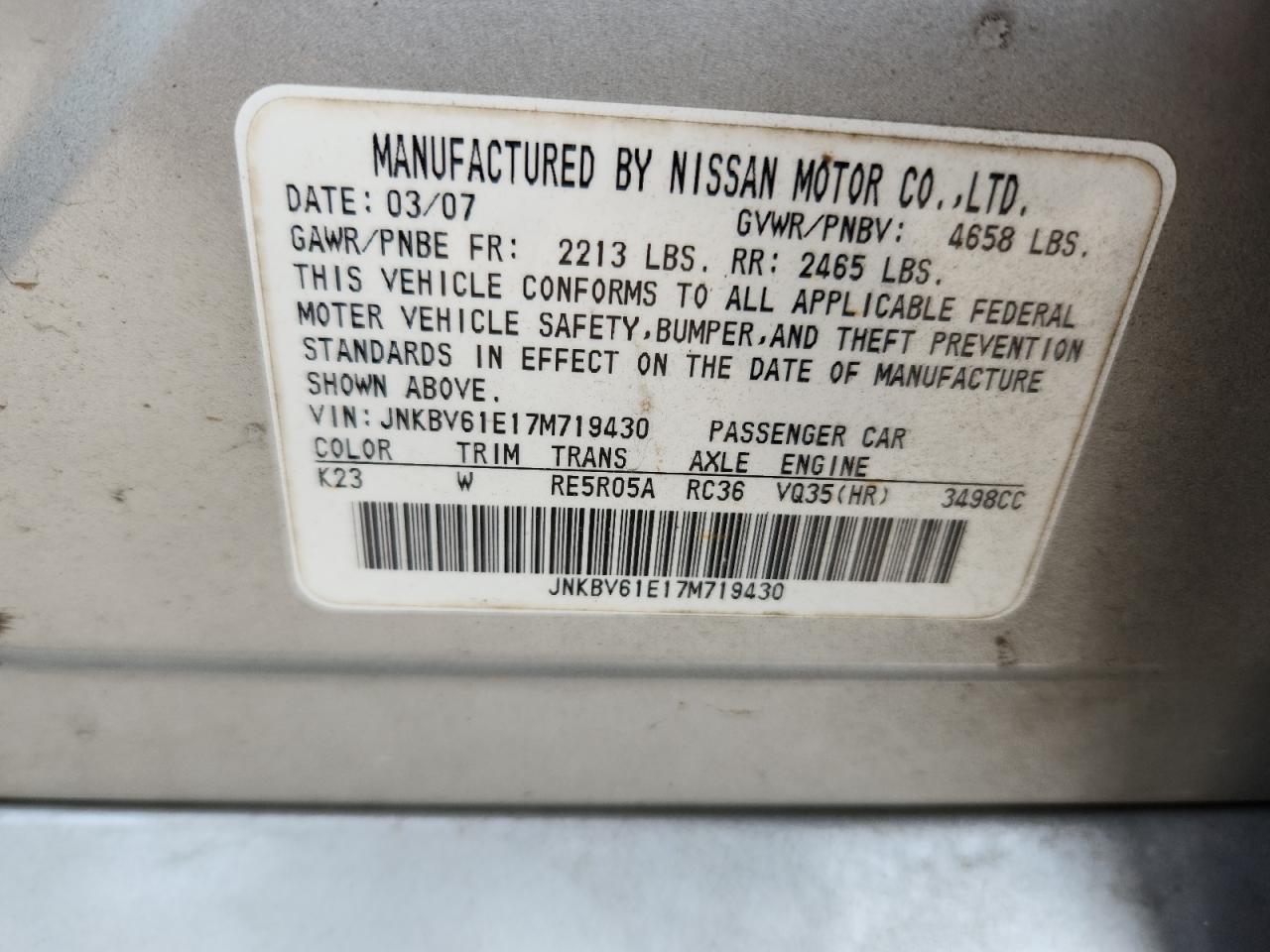 2007 Infiniti G35 VIN: JNKBV61E17M719430 Lot: 71130875