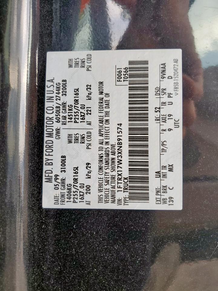 1999 Ford F150 VIN: 1FTRX17W3XNB91574 Lot: 84773145