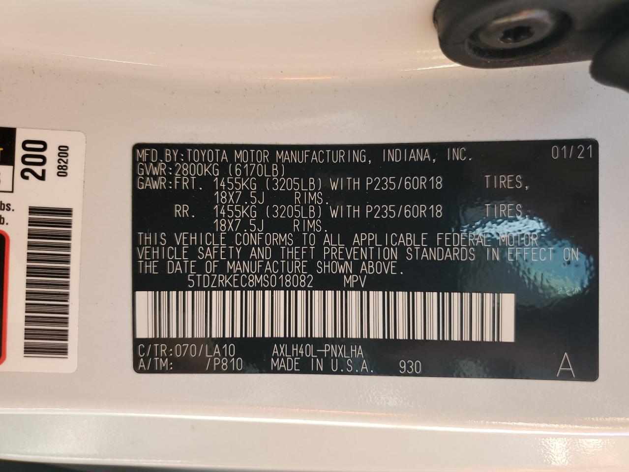 2021 Toyota Sienna Limited VIN: 5TDZRKEC8MS018082 Lot: 80797425