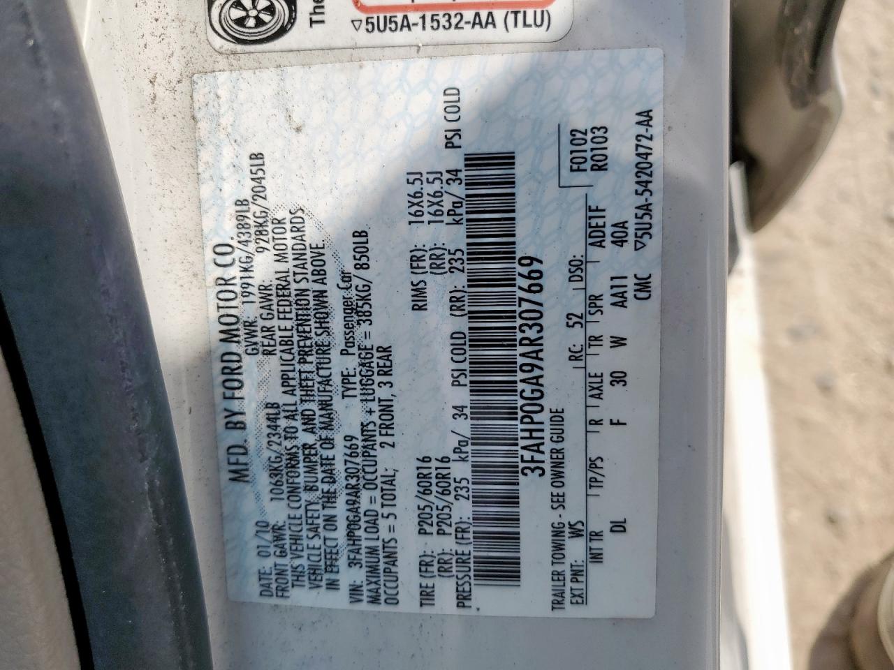 2010 Ford Fusion S VIN: 3FAHP0GA9AR307669 Lot: 81576095