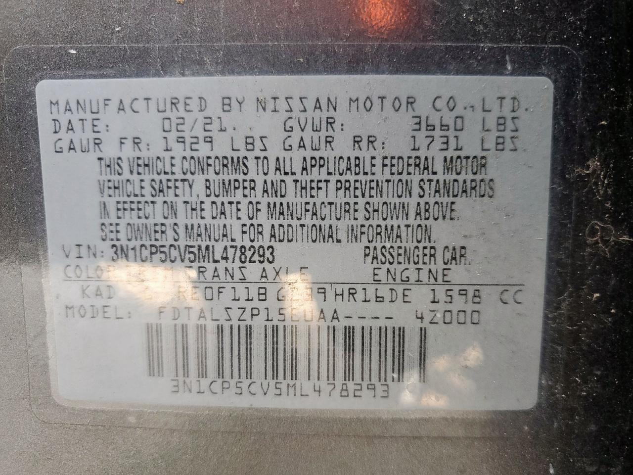 2021 Nissan Kicks Sv VIN: 3N1CP5CV5ML478293 Lot: 80668235