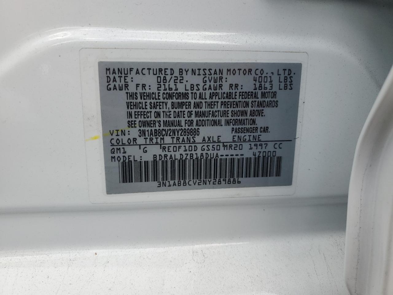 2022 Nissan Sentra Sv VIN: 3N1AB8CV2NY289886 Lot: 84018555