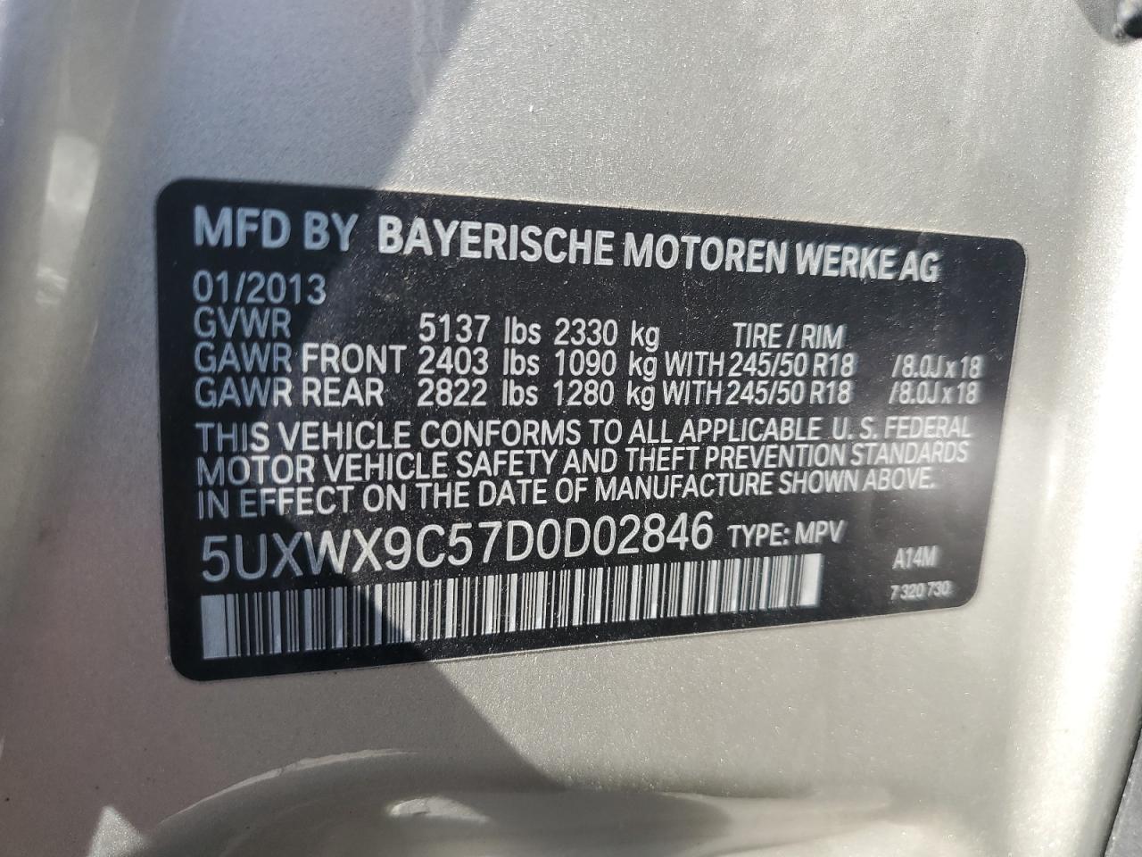 2013 BMW X3 xDrive28I VIN: 5UXWX9C57D0D02846 Lot: 80605295