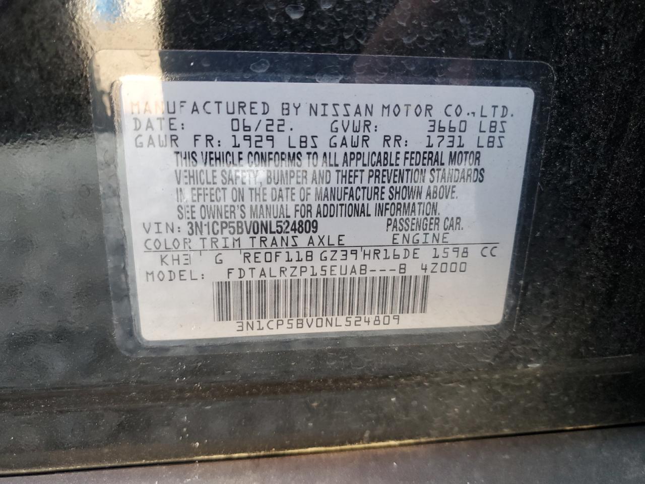 2022 Nissan Kicks S VIN: 3N1CP5BV0NL524809 Lot: 81391155