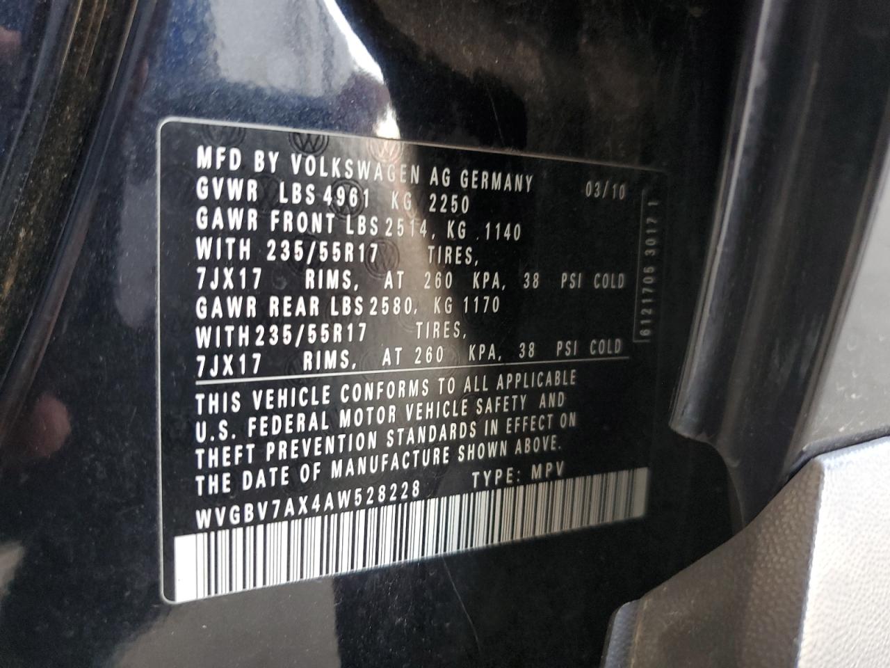 2010 Volkswagen Tiguan Se VIN: WVGBV7AX4AW528228 Lot: 81490315