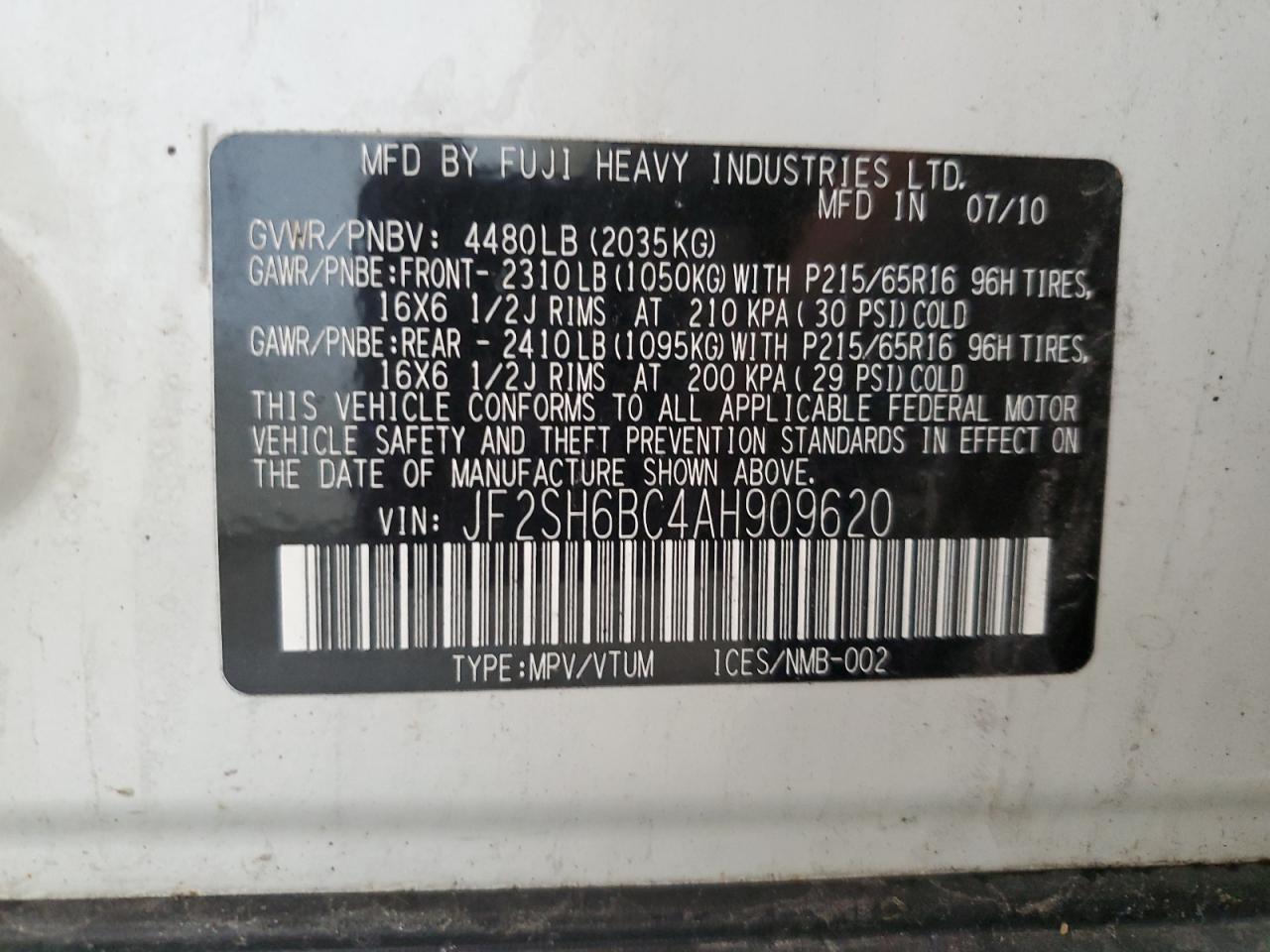 2010 Subaru Forester Xs VIN: JF2SH6BC4AH909620 Lot: 81332675