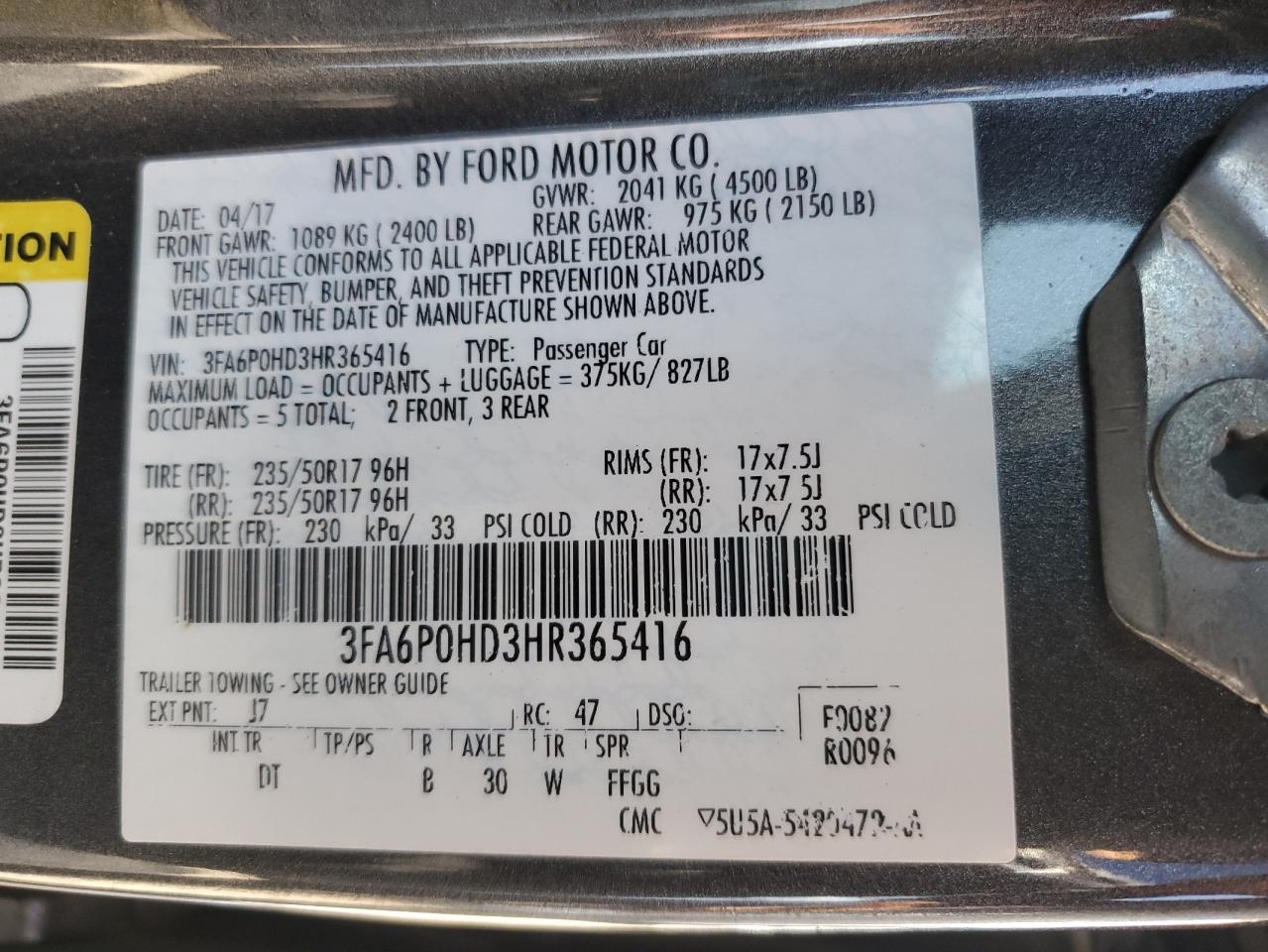 2017 Ford Fusion Se VIN: 3FA6P0HD3HR365416 Lot: 80495425