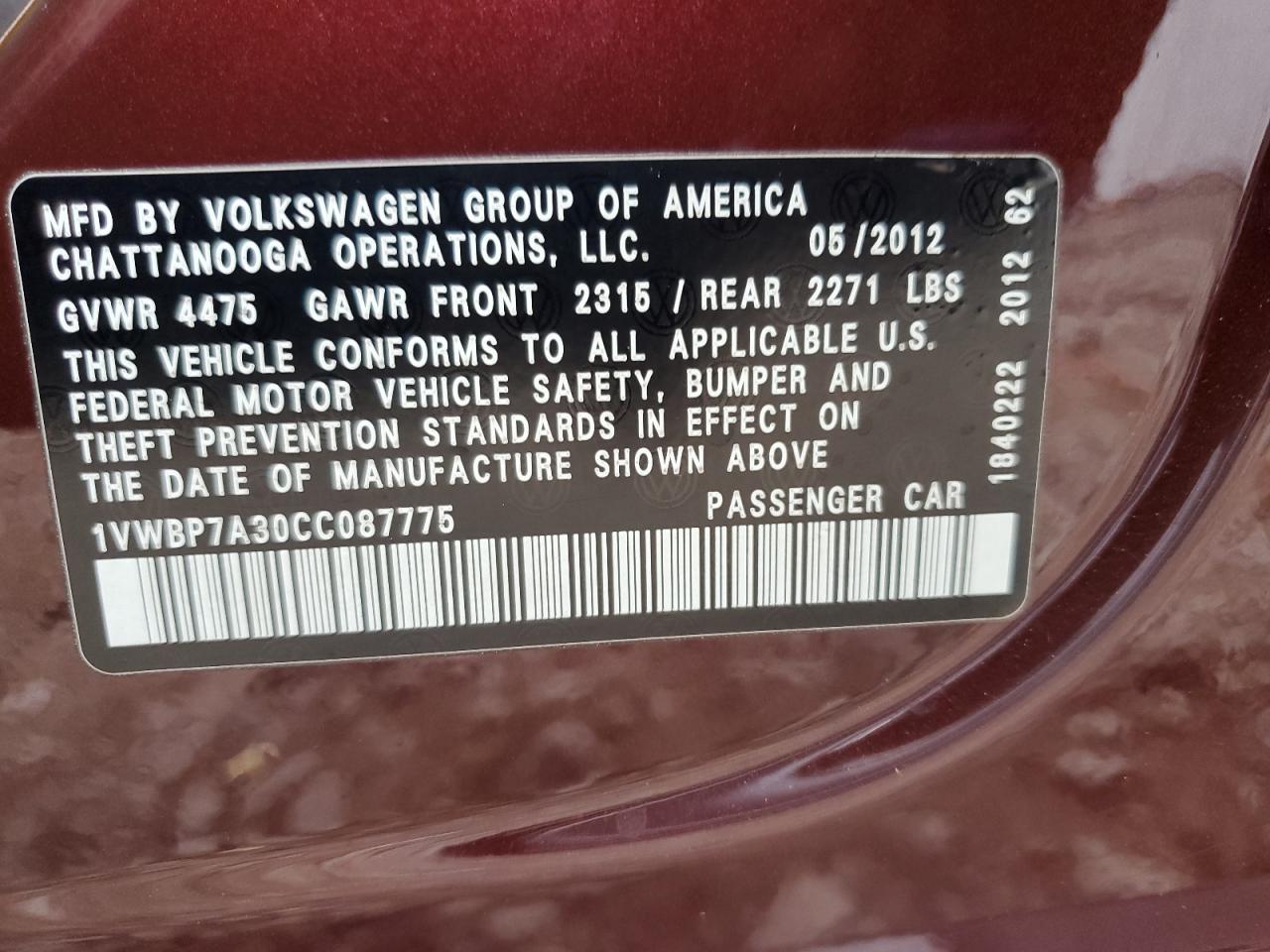 2012 Volkswagen Passat Se VIN: 1VWBP7A30CC087775 Lot: 81646005