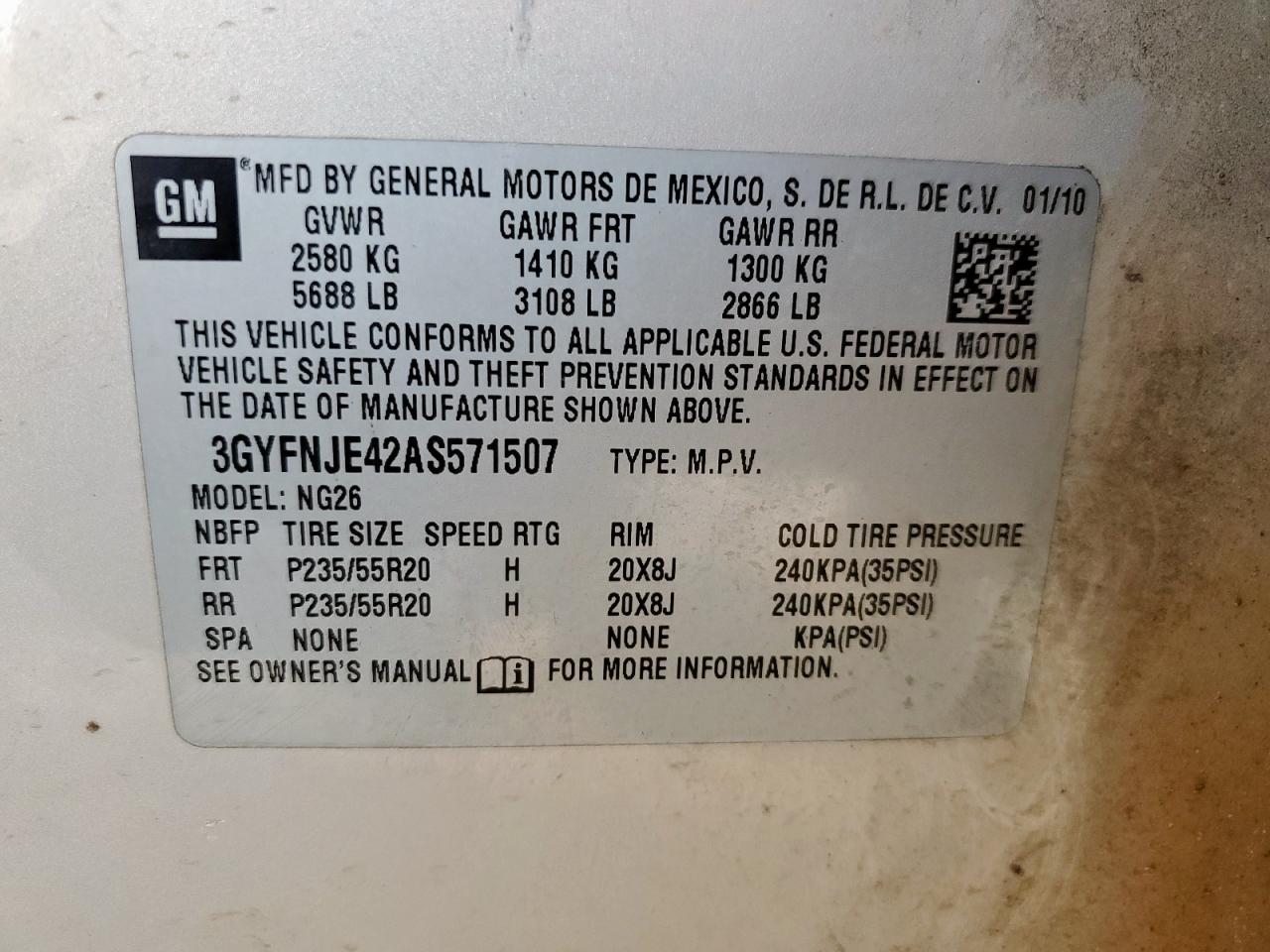 2010 Cadillac Srx Performance Collection VIN: 3GYFNJE42AS571507 Lot: 83887915