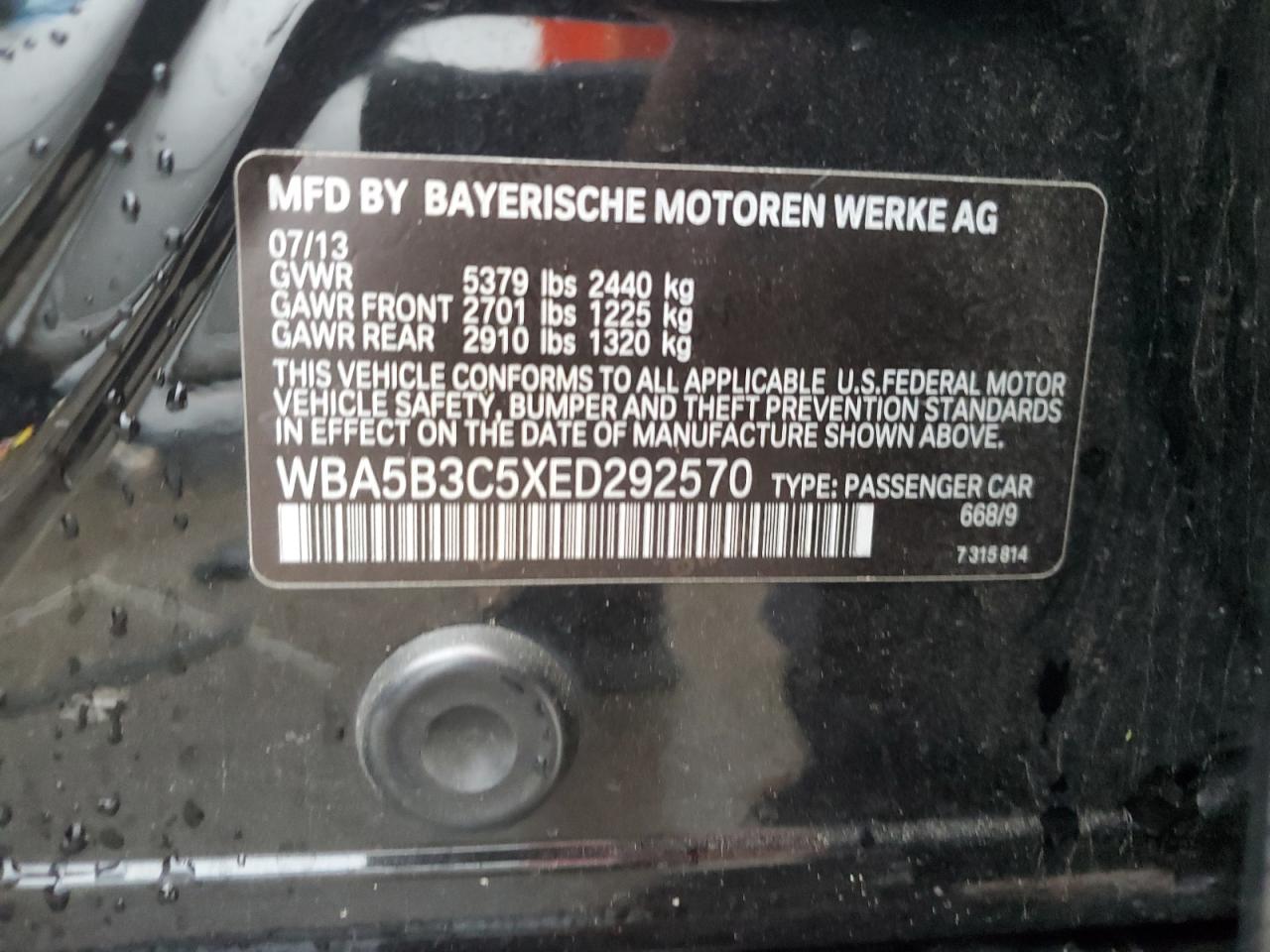 2014 BMW 535 Xi VIN: WBA5B3C5XED292570 Lot: 83808825