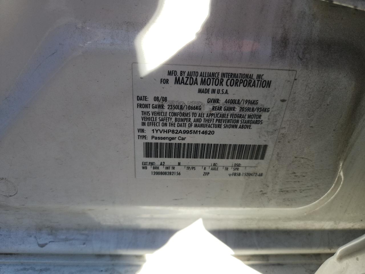 2009 Mazda 6 I VIN: 1YVHP82A995M14620 Lot: 82048135