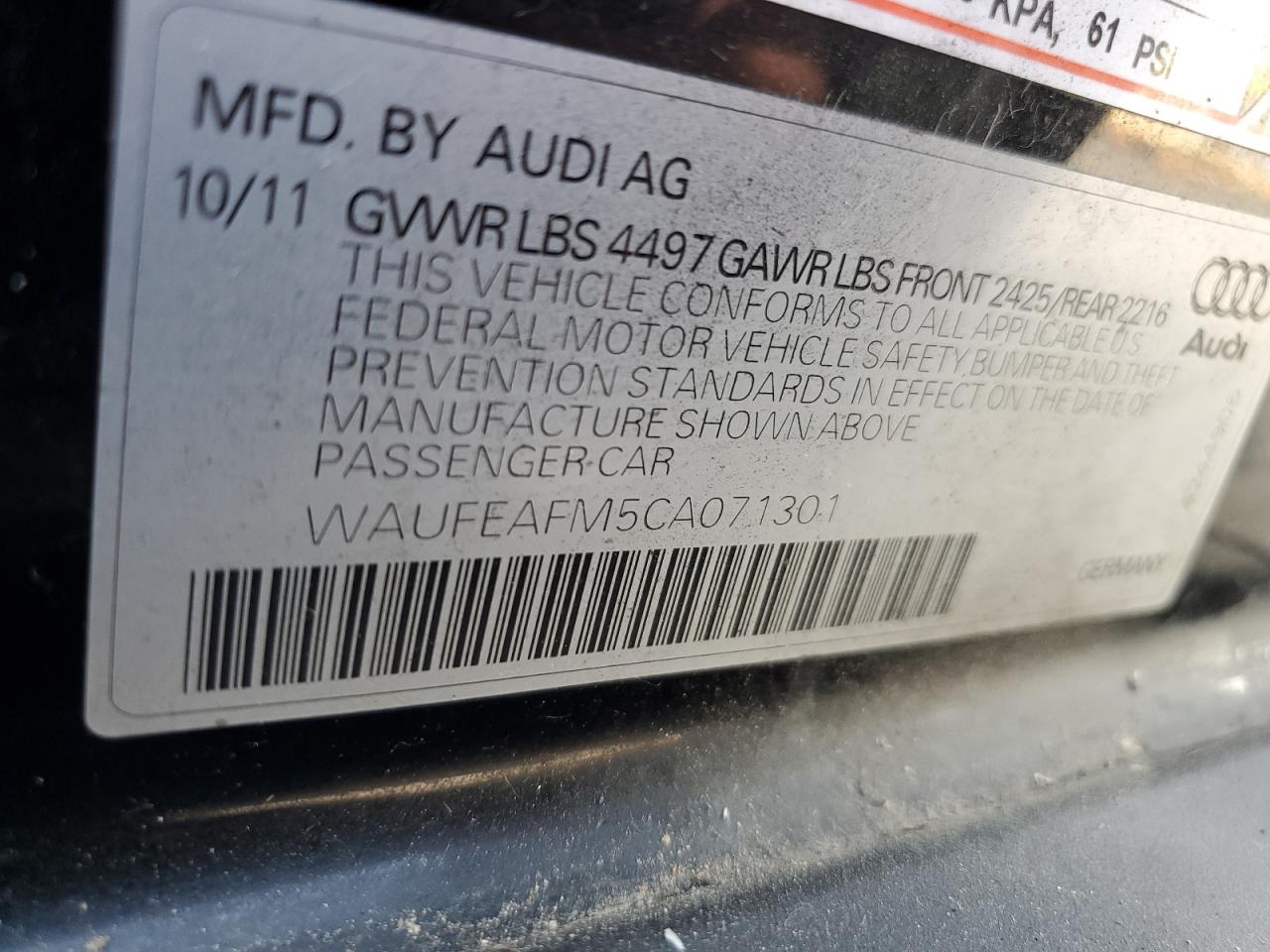 2012 Audi A3 Premium VIN: WAUFEAFM5CA071301 Lot: 71184495