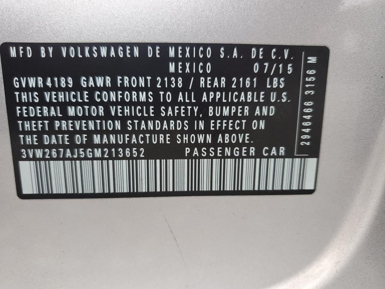 2016 Volkswagen Jetta S VIN: 3VW267AJ5GM213652 Lot: 81324395