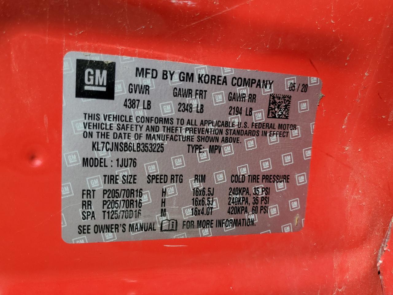 2020 Chevrolet Trax Ls VIN: KL7CJNSB6LB353225 Lot: 83855885