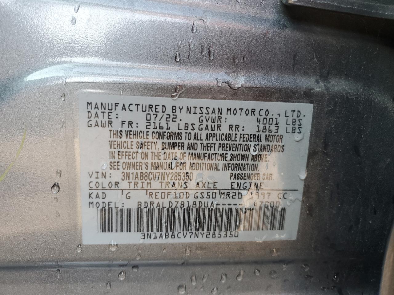 2022 Nissan Sentra Sv VIN: 3N1AB8CV7NY285350 Lot: 80356785