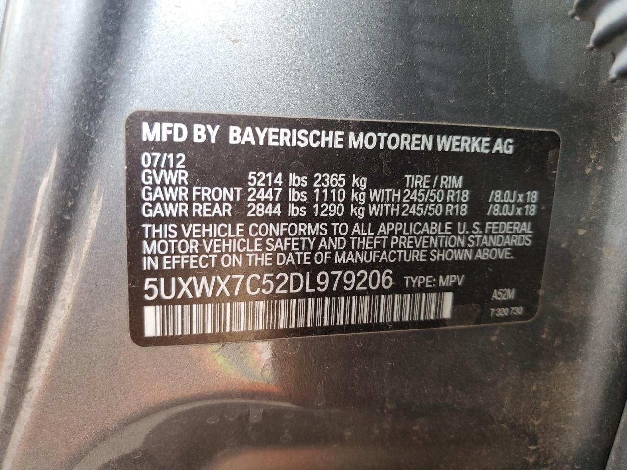 2013 BMW X3 xDrive35I VIN: 5UXWX7C52DL979206 Lot: 81631655