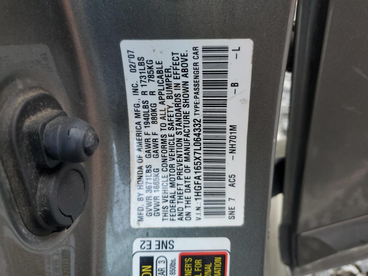 2007 Honda Civic Lx VIN: 1HGFA165X7L064332 Lot: 80436665