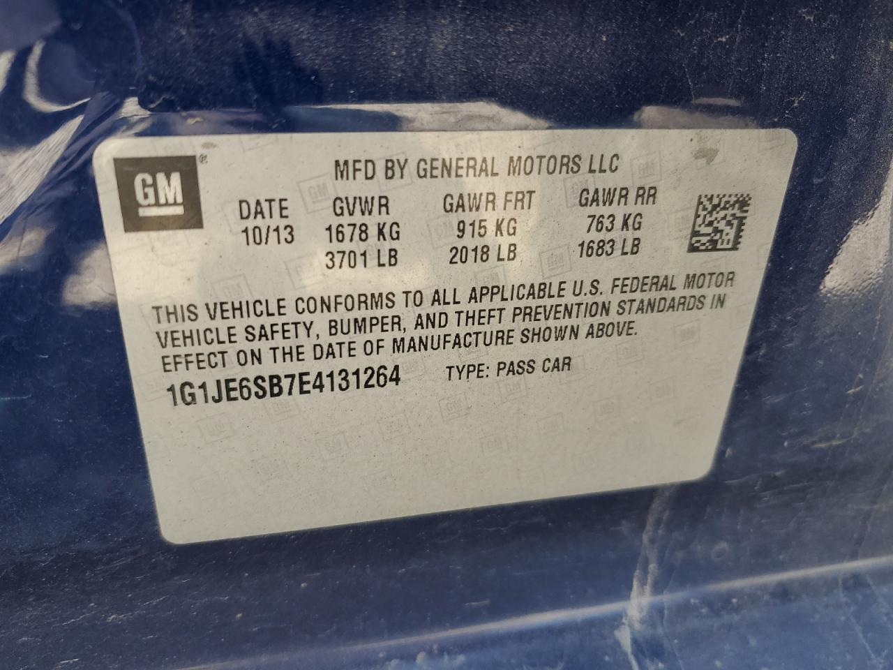 2014 Chevrolet Sonic Ltz VIN: 1G1JE6SB7E4131264 Lot: 70743035