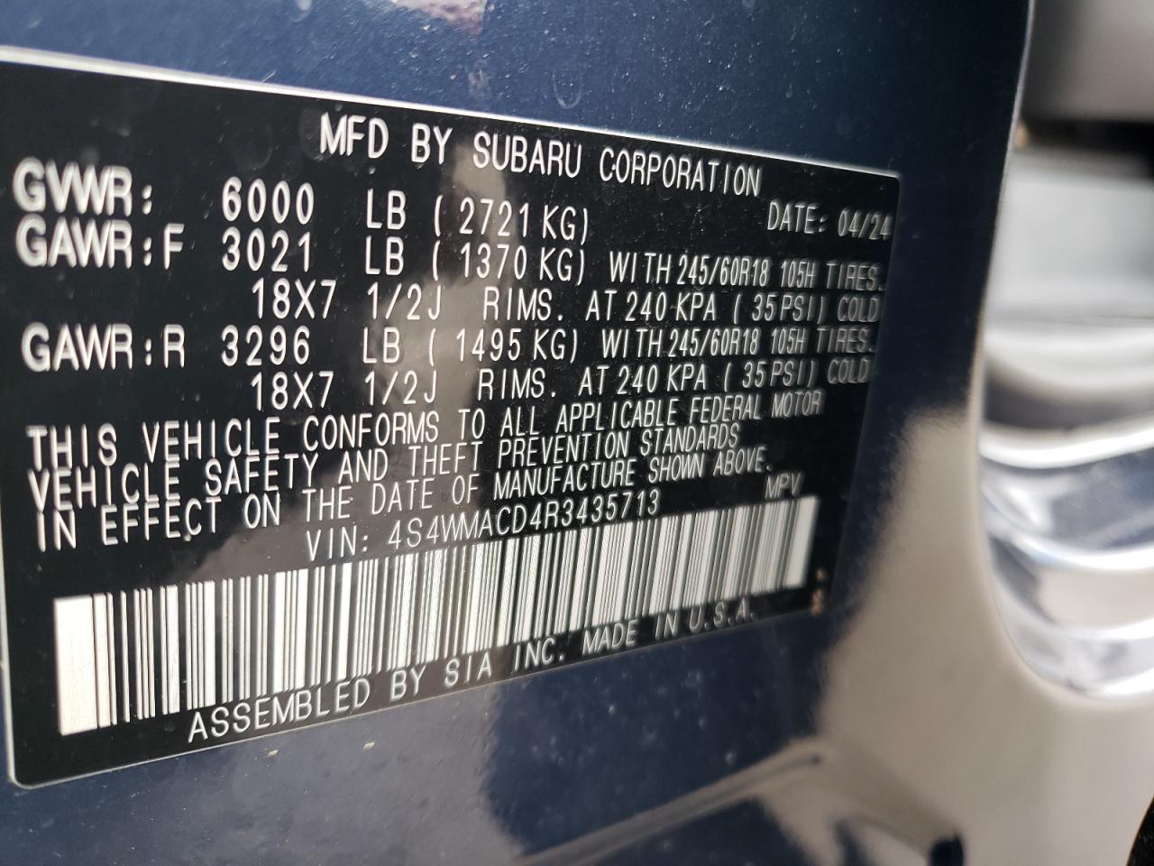 2024 Subaru Ascent Premium VIN: 4S4WMACD4R3435713 Lot: 80692965