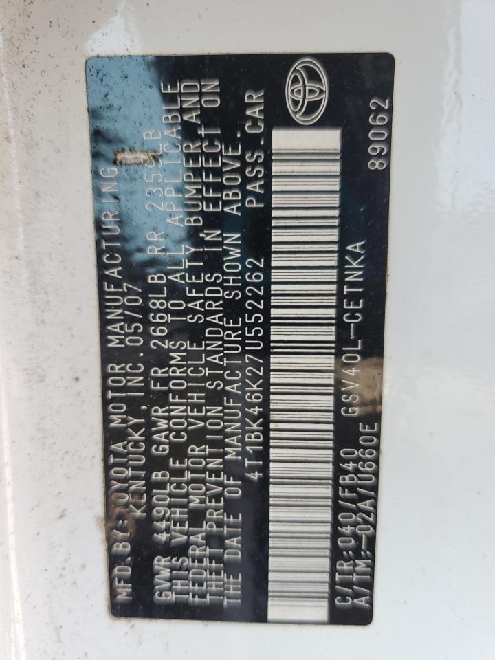 2007 Toyota Camry Le VIN: 4T1BK46K27U552262 Lot: 71686145