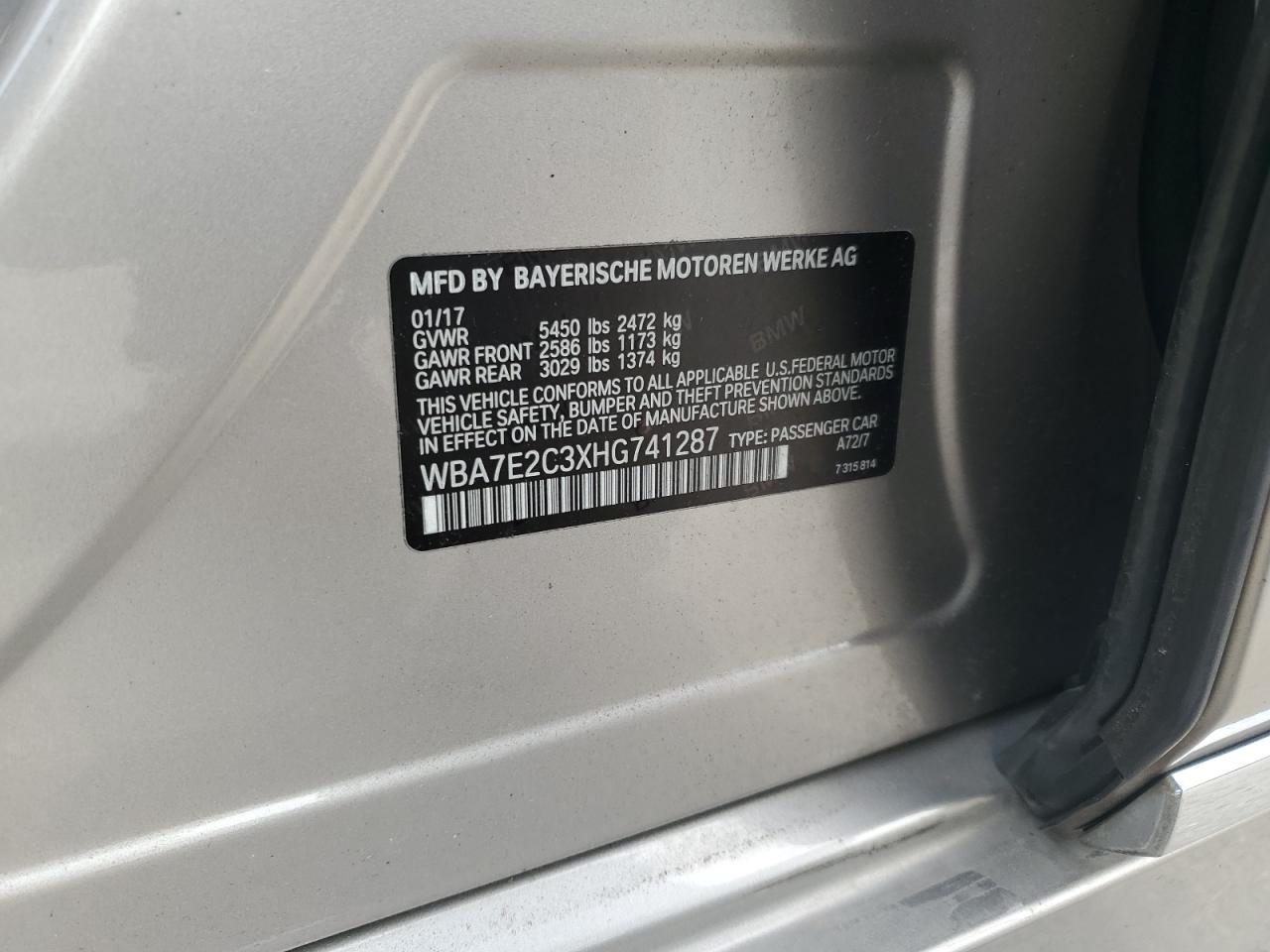 2017 BMW 740 I VIN: WBA7E2C3XHG741287 Lot: 81467345