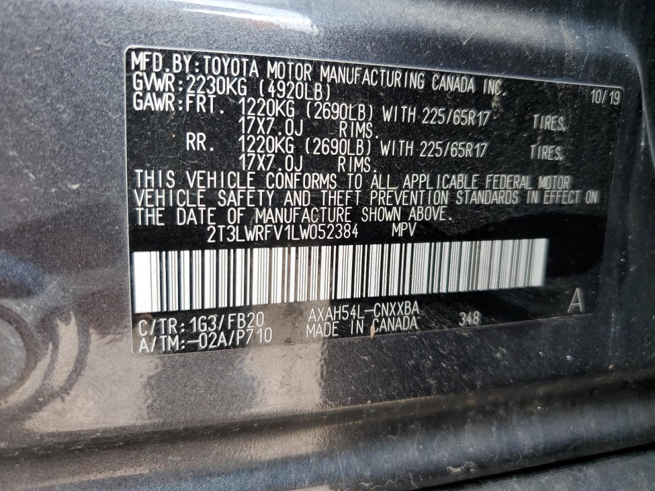 2020 Toyota Rav4 Le VIN: 2T3LWRFV1LW052384 Lot: 81476675