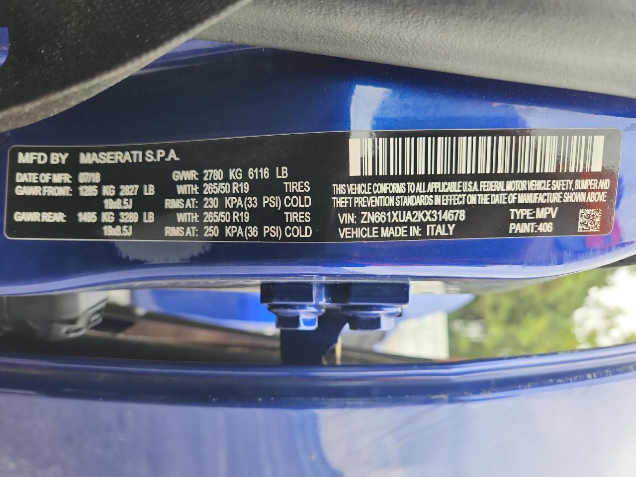 2019 Maserati Levante VIN: ZN661XUA2KX314678 Lot: 81859895