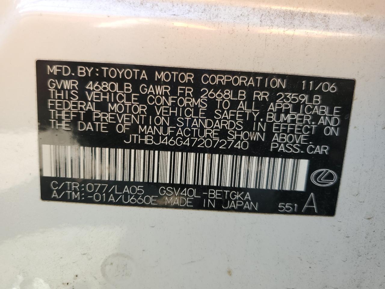 2007 Lexus Es 350 VIN: JTHBJ46G472072740 Lot: 72020695