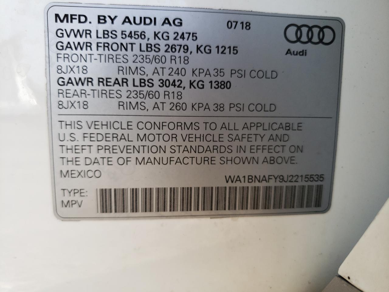 2018 Audi Q5 Premium Plus VIN: WA1BNAFY9J2215535 Lot: 71680925