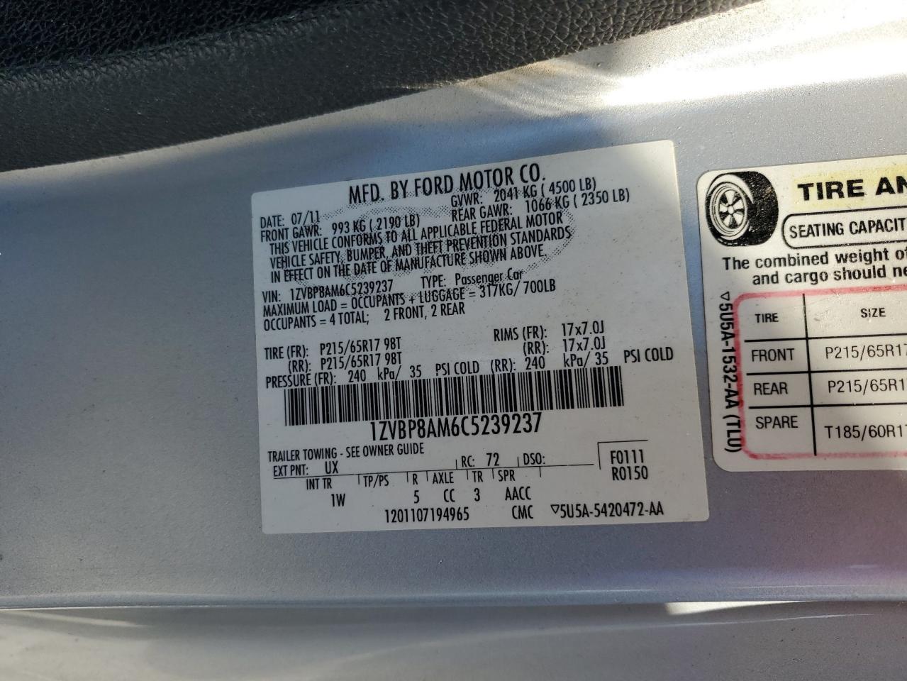 2012 Ford Mustang VIN: 1ZVBP8AM6C5239237 Lot: 72027165