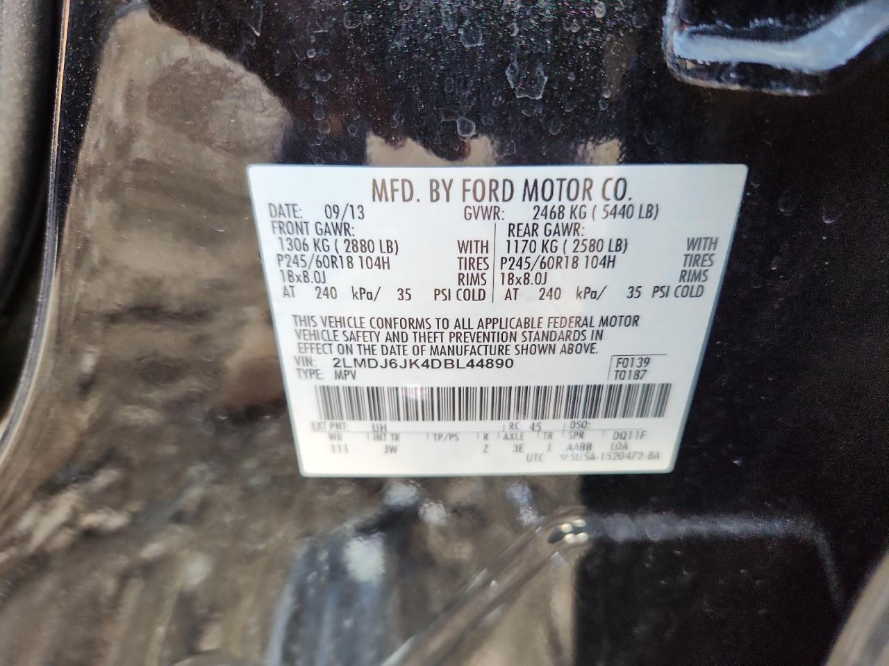 2013 Lincoln Mkx VIN: 2LMDJ6JK4DBL44890 Lot: 80773965