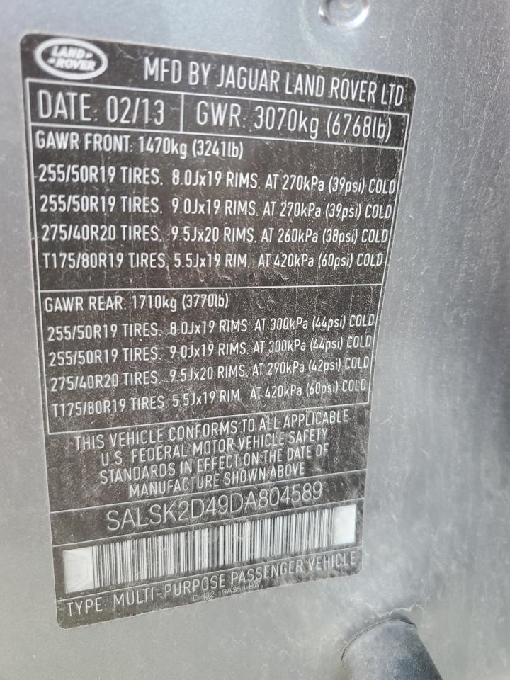 2013 Land Rover Range Rover Sport Hse Luxury VIN: SALSK2D49DA804589 Lot: 80009825