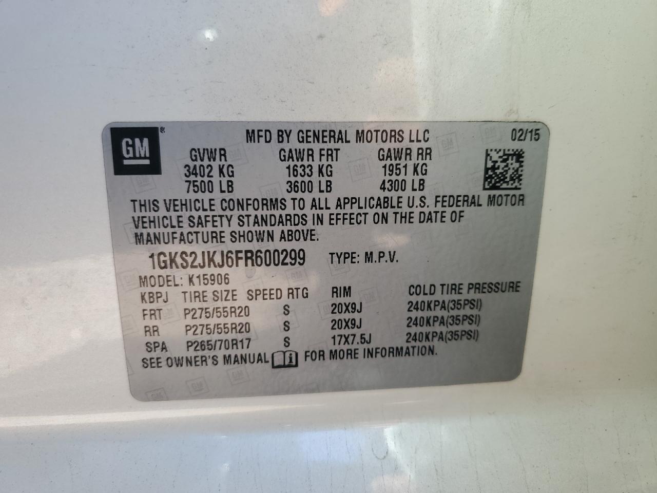 2015 GMC Yukon Xl Denali VIN: 1GKS2JKJ6FR600299 Lot: 72056515