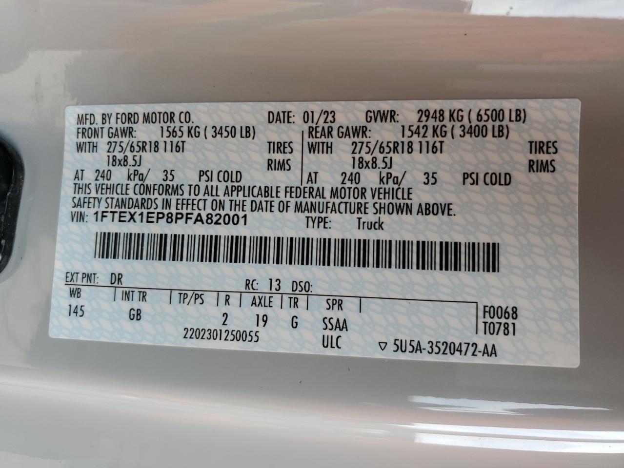 2023 Ford F150 Super Cab VIN: 1FTEX1EP8PFA82001 Lot: 80855645