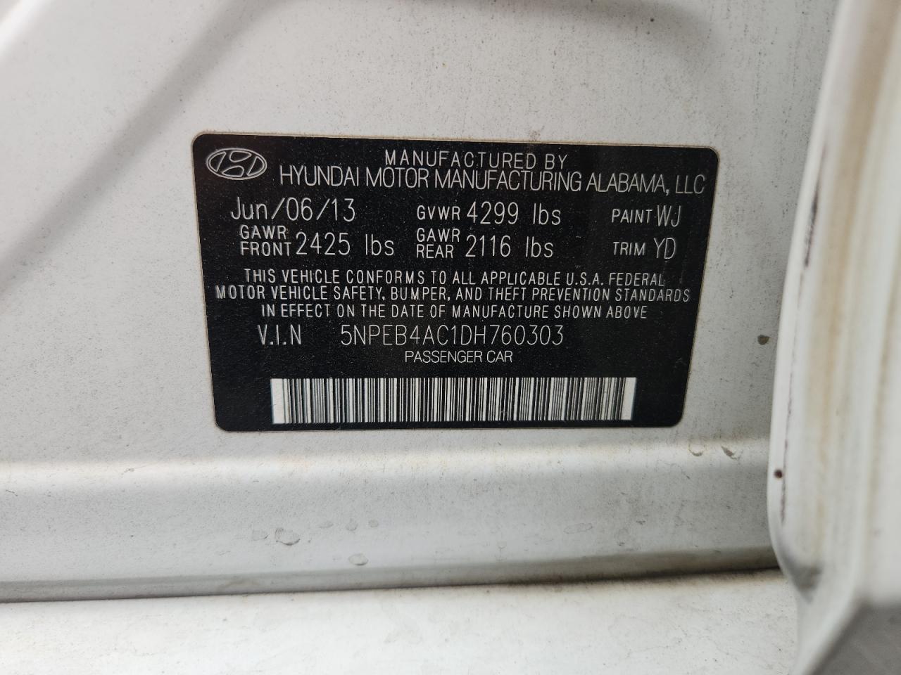 2013 Hyundai Sonata Gls VIN: 5NPEB4AC1DH760303 Lot: 83952625