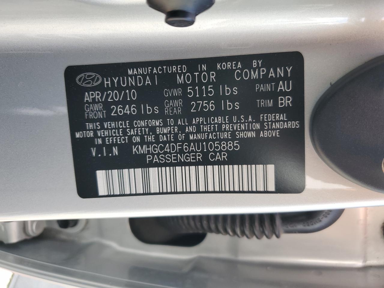 2010 Hyundai Genesis 4.6L VIN: KMHGC4DF6AU105885 Lot: 81600135