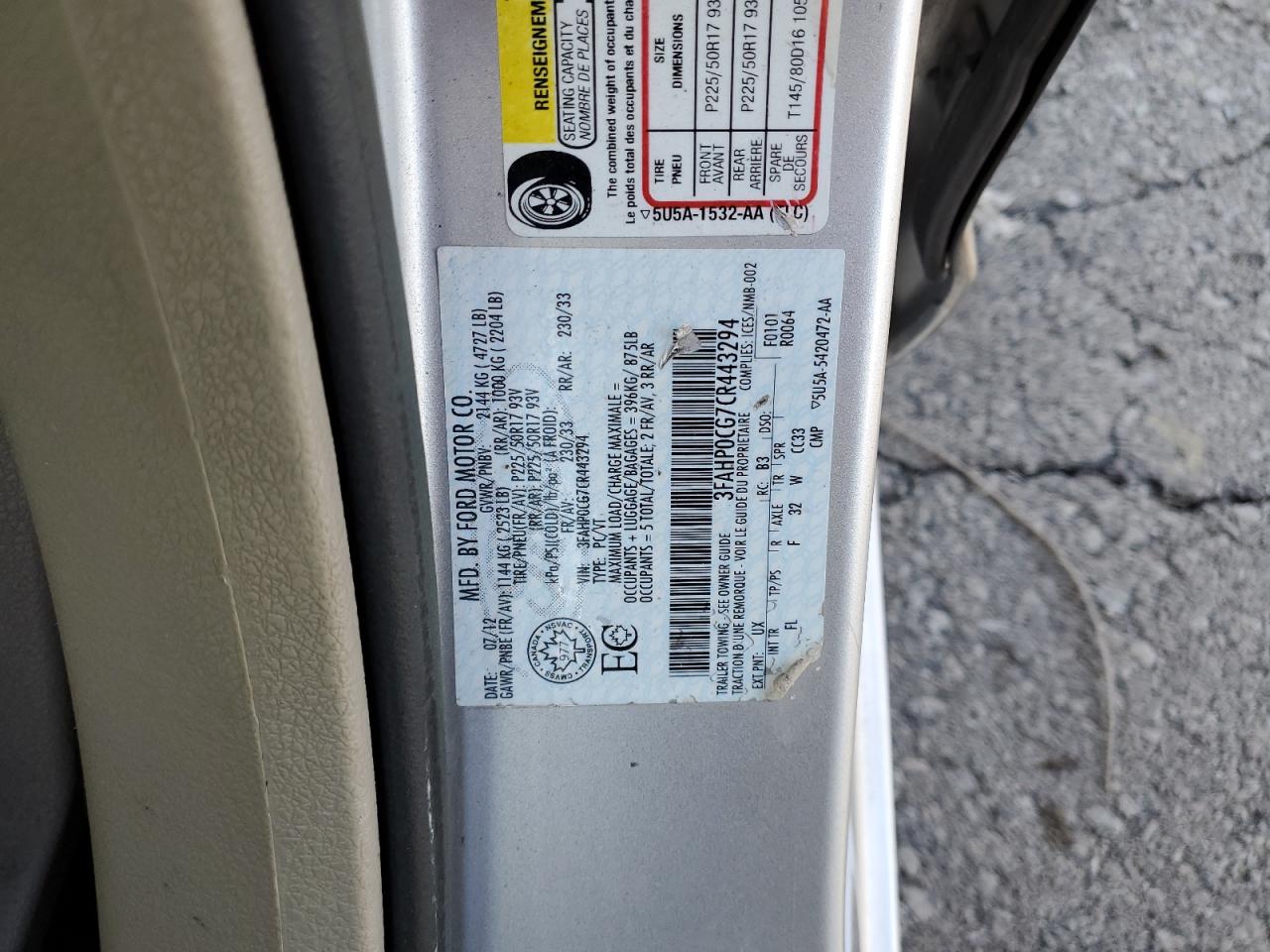 2012 Ford Fusion Sel VIN: 3FAHP0CG7CR443294 Lot: 71610755