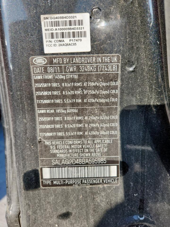 2011 Land Rover Lr4 Hse VIN: SALAG2D48BA595985 Lot: 81250215